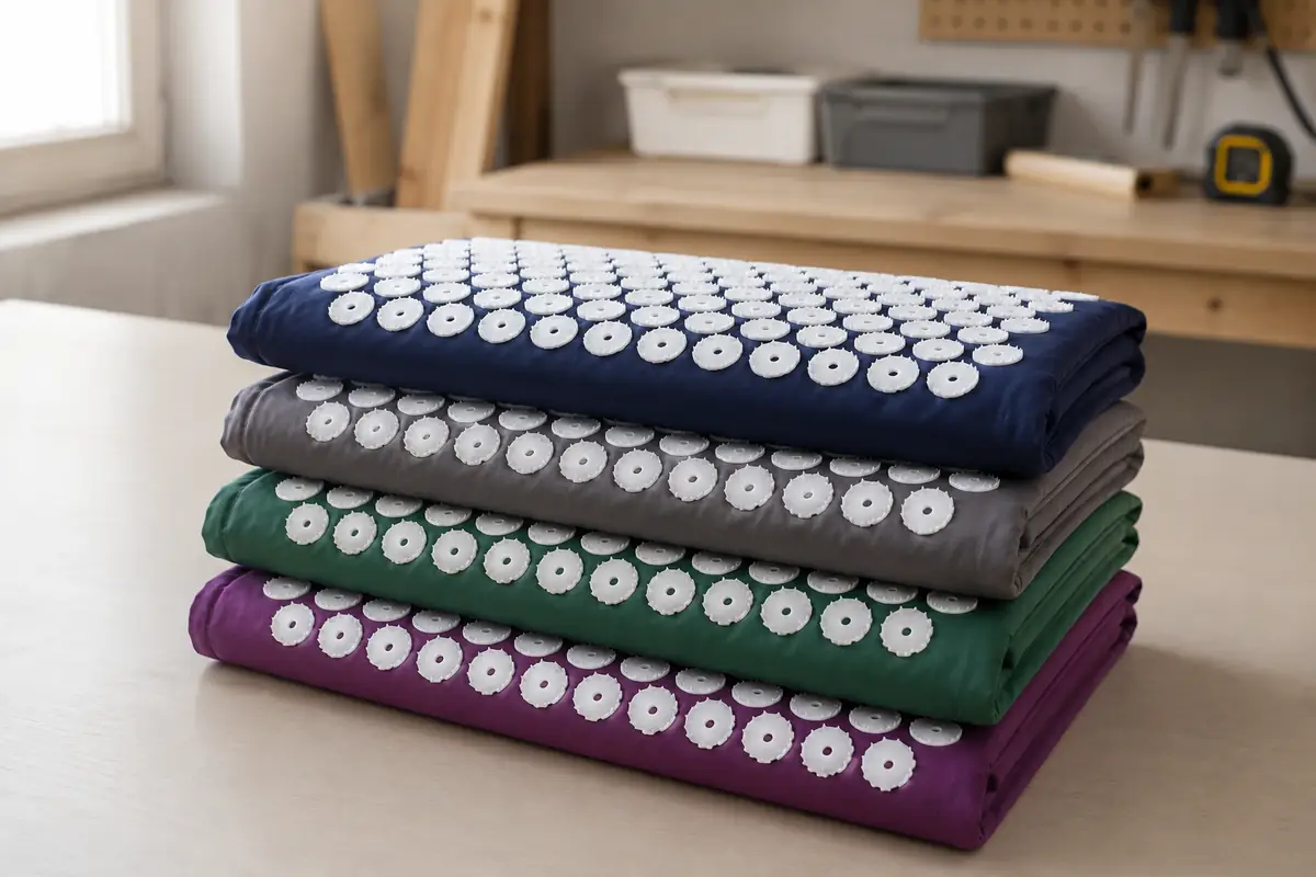 The four SpikeRest mat colours, navy, gray, green and purple, stacked neatly on a plain worktable