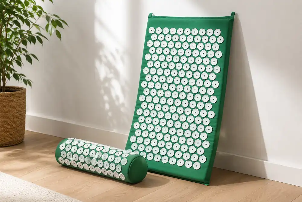 Green SpikeRest mat propped upright against a plain wall with its bolster pillow on the floor beside it