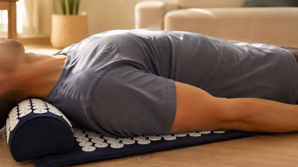 A person lying on a navy SpikeRest acupressure mat with the neck resting on the spiked bolster pillow