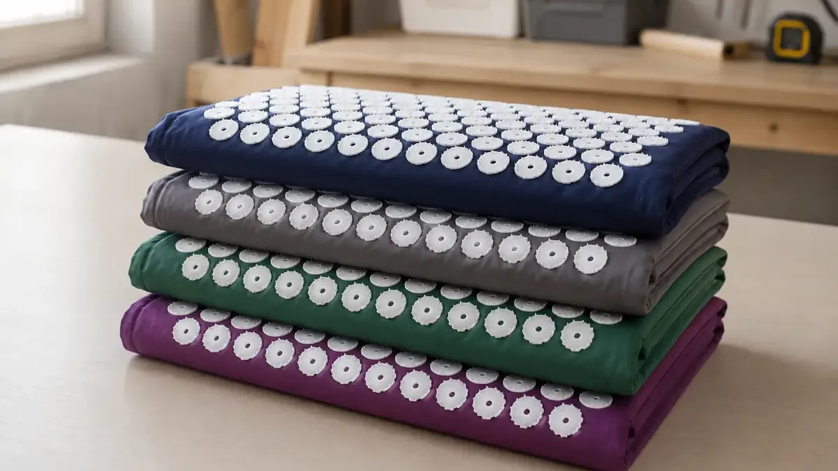 Four SpikeRest acupressure mats folded and stacked in navy, gray, green and purple with their white spike disks facing up