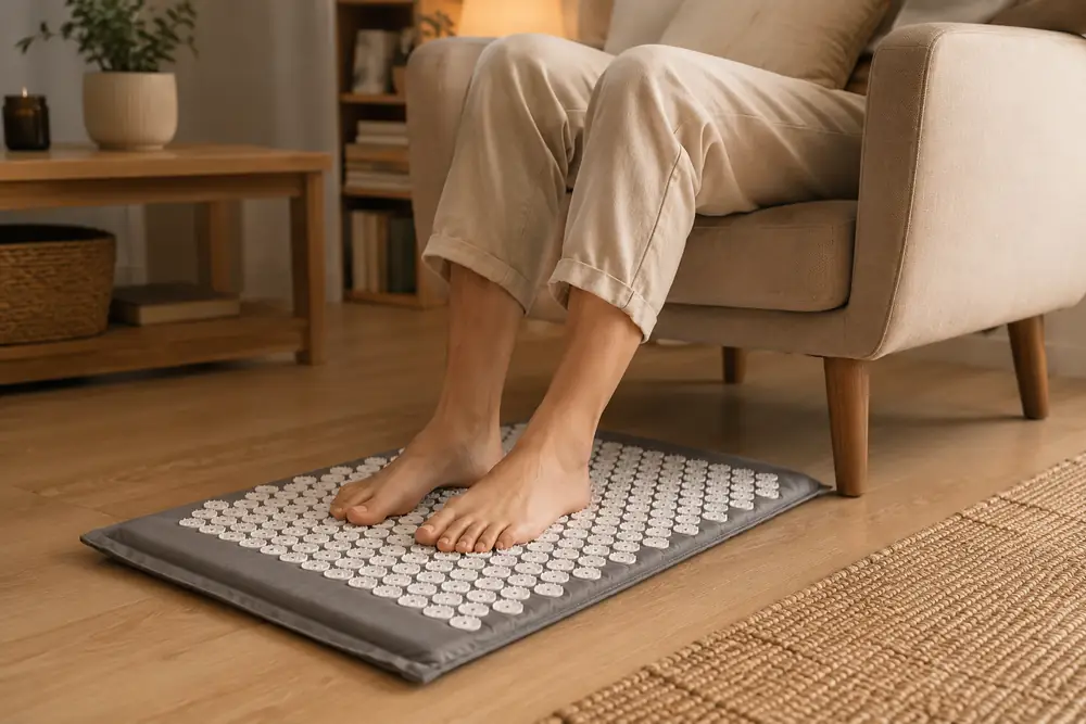 Bare feet resting on a gray SpikeRest acupressure mat from a seated position in front of an armchair