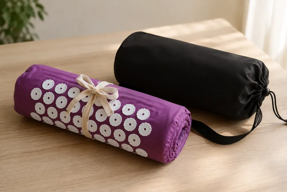 Purple SpikeRest mat rolled and tied with a linen ribbon beside its black carry bag