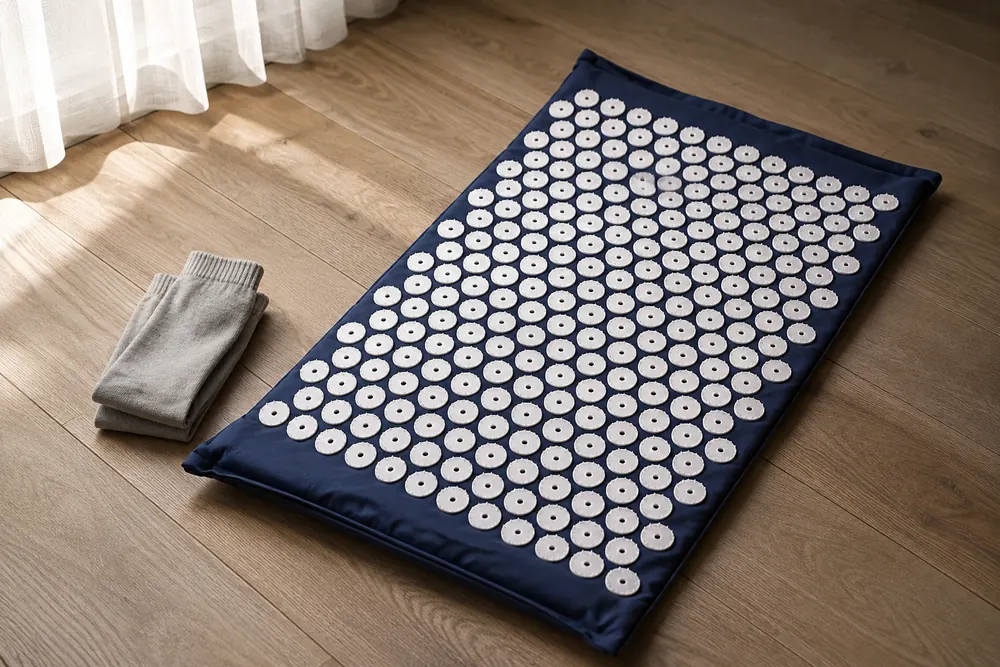 Navy SpikeRest acupressure mat unrolled on a wooden floor by a window with folded clothes beside it