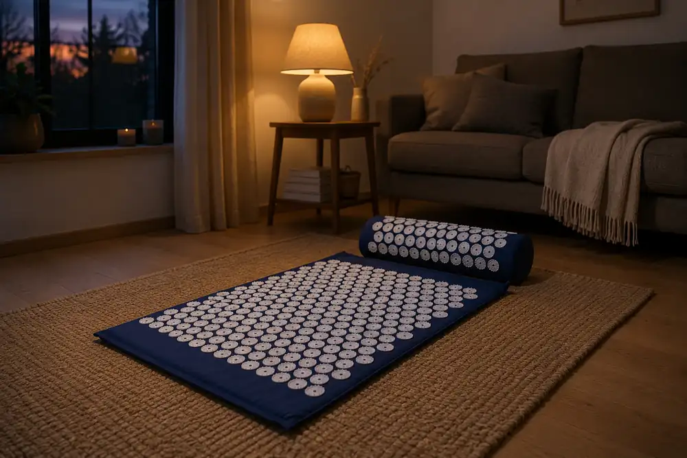 Navy SpikeRest mat and bolster pillow on a rug in a calm living room at dusk with a lamp on