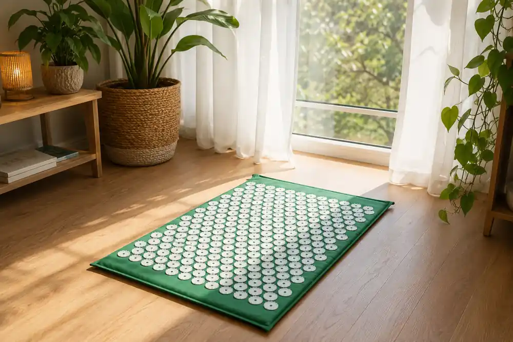 Green SpikeRest acupressure mat unrolled by a large window with sheer curtains and plants nearby