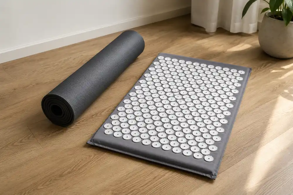 Gray SpikeRest acupressure mat beside a rolled yoga mat on a wooden floor in side daylight