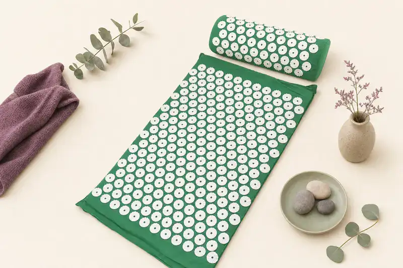 Green acupressure mat and its matching bolster pillow photographed from above on a cream background, the two pieces you position separately
