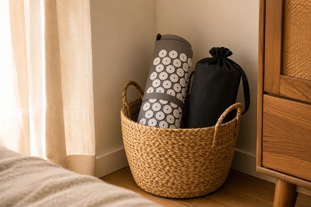 Rolled gray SpikeRest mat and its black carry bag standing in a woven basket in the corner of a room