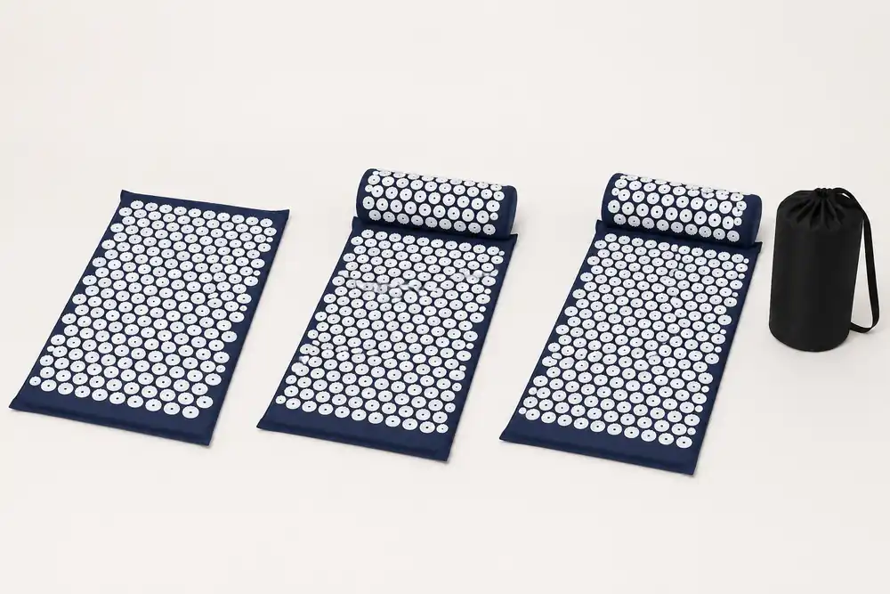 The three SpikeRest versions side by side: mat alone, mat with bolster pillow, and mat with pillow and black carry bag